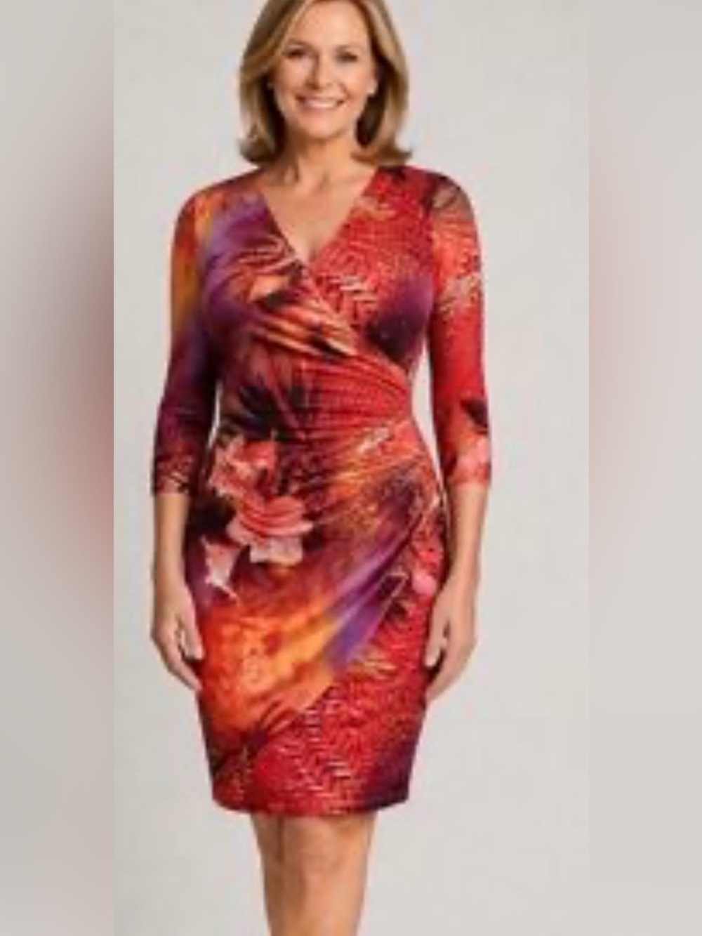 Cache Floral Wrap Dress Womens M Red Purple Good Ruched V-Neck Midi